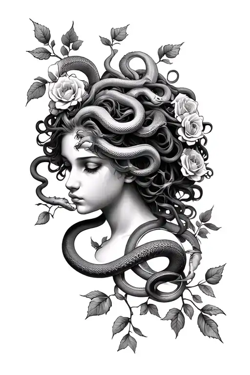 Medusa Head Surrounded By Her Snakes And In Rose Vines In A Diagonal View Black And White