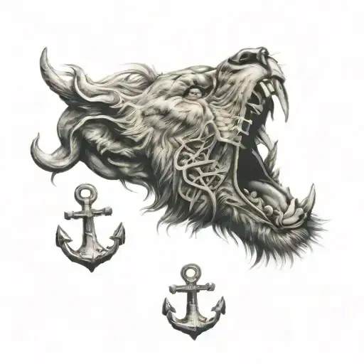 Lion Roaring With Skull And Anchor Elements