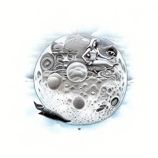 Beautiful Surreal Landscape With Mermaids And Beaches On The Moon And Aliens Or Tikis