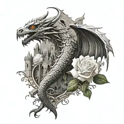 Looking Out Of A Crowded Rosebush With White Roses And Thorns Onto A Dragon Flying Around A Castle