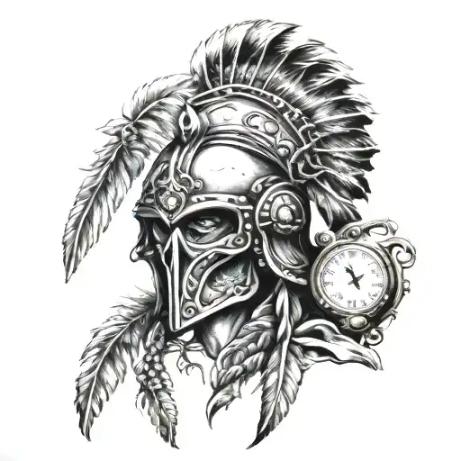 Damaged Warrior Helmet Front Profile And Tribal Feather Eith Old Pocket Watch Under Helmet