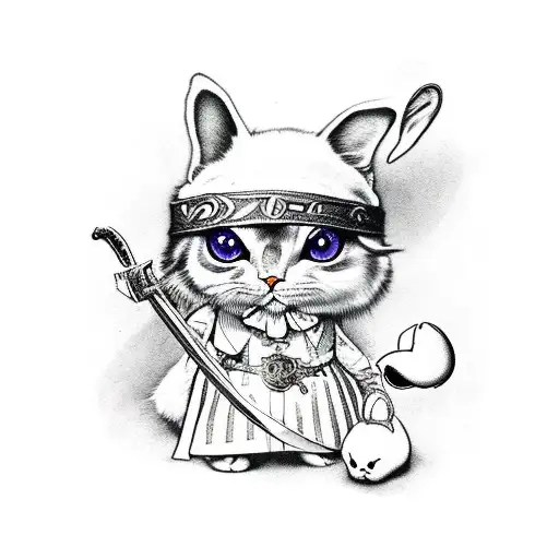 One Eyed Alice In Wonderland Holding A Katana Sword And A Dirty Stuffed White Rabbit