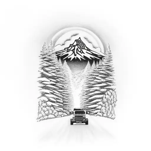 Mt Hood In The Background With Truck Driving Down A Road Through The Trees Towards It