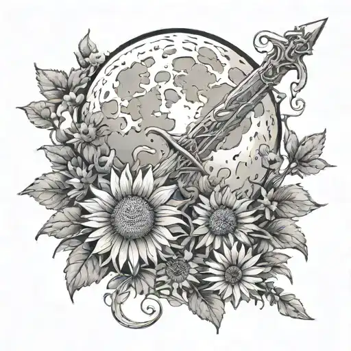 Peaceful Looking Moon With Sword And Small Sunflowers