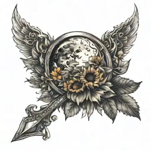 Peaceful Looking Half Moon With Sword And Small Sunflowers