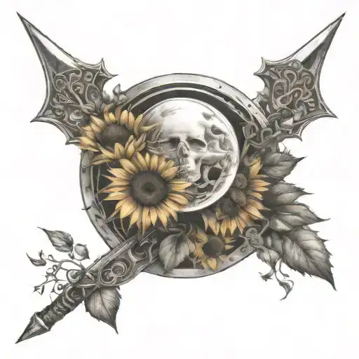 Peaceful Looking Half Moon With Sword And Small Sunflowers