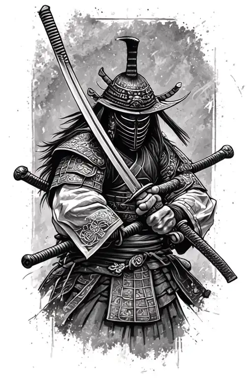 Samurai With Katana In Mask Black And White Tattoo Sketch Simple