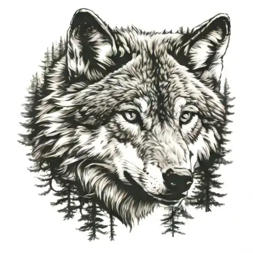Wolf Face Full Face Against Forest Background