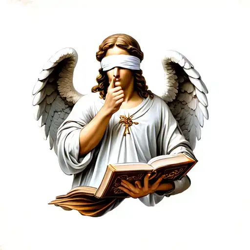 A Blindfolded Christian Angel Clutching A Book While Shushing With Its Pointer Finger