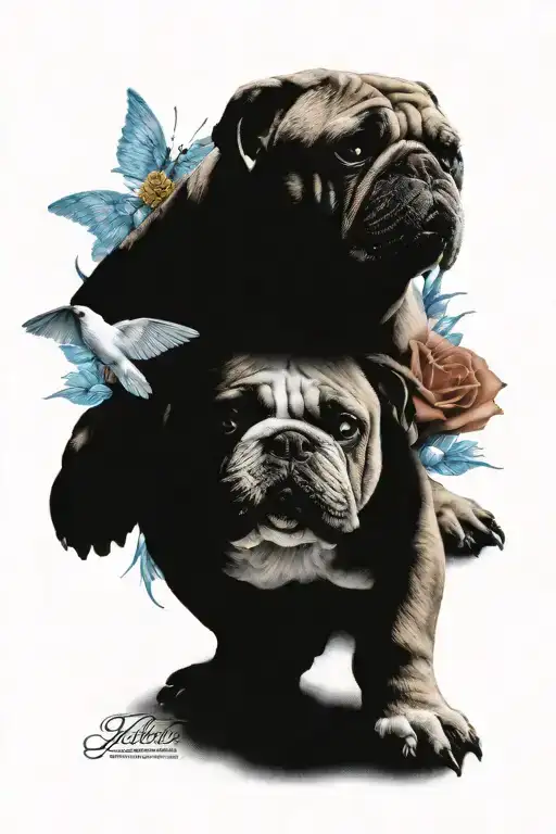 Xl Bulldog With Bright Blue Eyes With A Rose With A Dove Flying