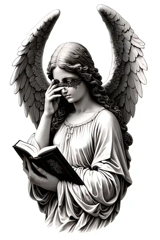 A Angel With Eyes Covered Holding A Book While Shushing