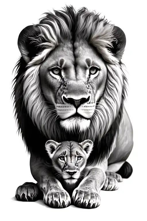 Lion Protecting Cub Looking