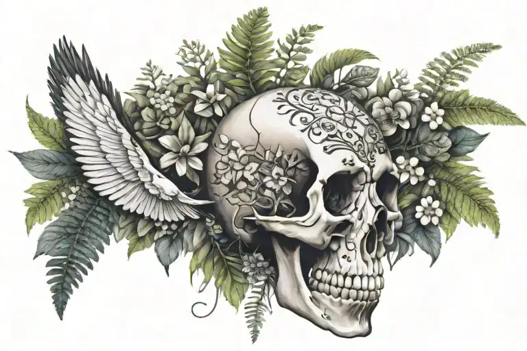 Bird Skull Surrounded By Floral Patterns And Ferns