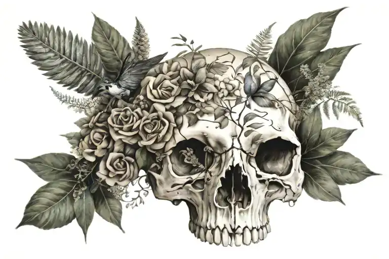 Bird Skull Surounded By Flowers Eucalyptus And Ferns