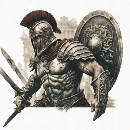 A Roman Warrior In The Foreground With A Battle And Fall Of Rome In The Background