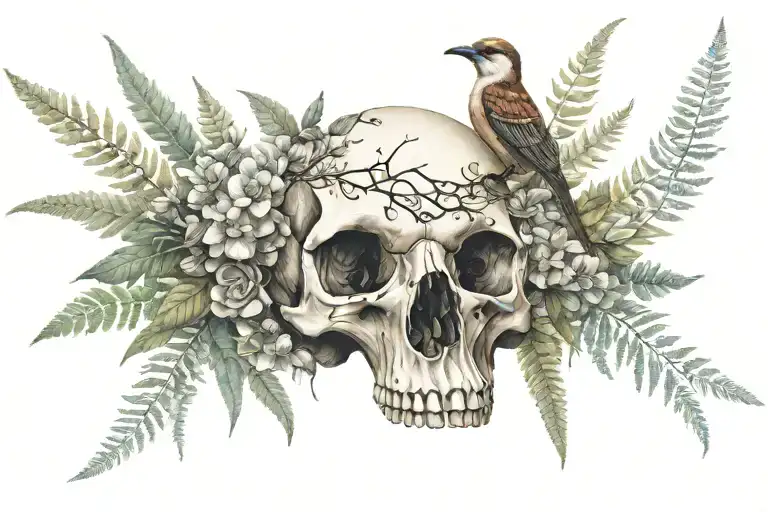 A Real Bird Skull Surounded By Flowers Eucalyptus And Ferns
