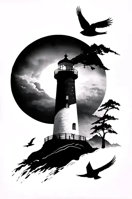 Lighthouse And Birds Flying