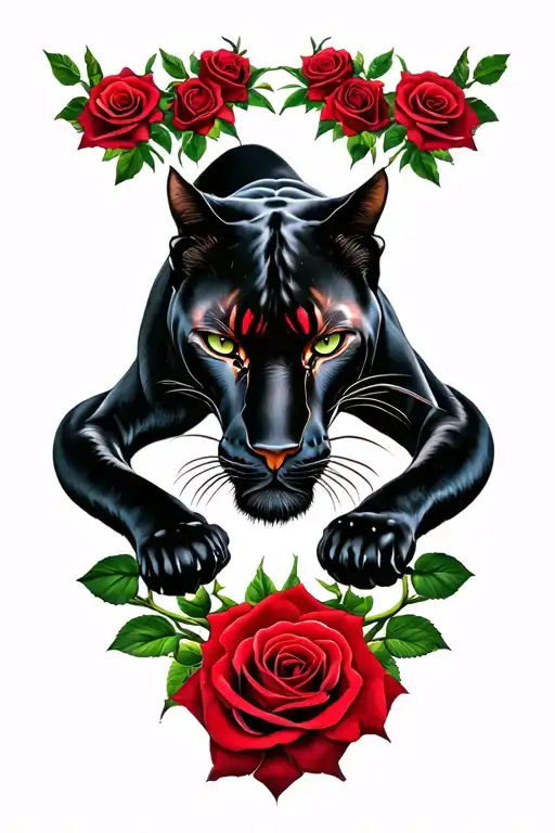 Black Panther Stalking Surrounded By Red Rose