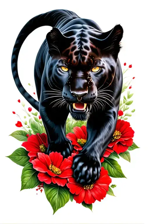 Black Panther Crawling Down Surrounded By Red Flowers