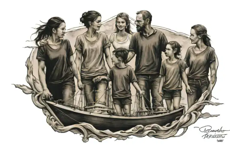 Navigation Ship With Two Daughters And A Son Holding Hands
