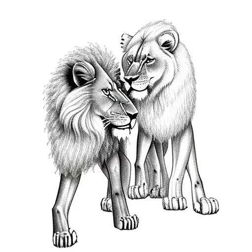 Lion And Wolf Nearly To Fight Facing With A Forest In The Background