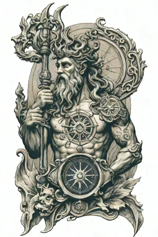 Poseidon Holding Trident With Nautical Compass