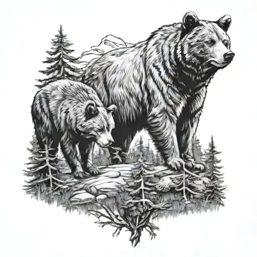 A Realistic Portrait Of A Bear And A Wolf Standing Together In A Forest Setting