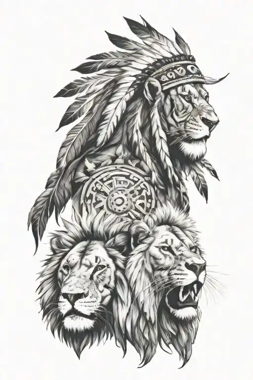 Native American Chief And Lion Head With A Cross Intertwined