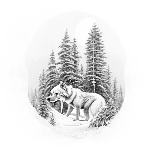 Forest Of Pine With Wolf In Between The Trees