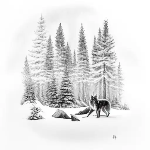 Forest Of Pine With Wolf In Between The Trees In The Dark