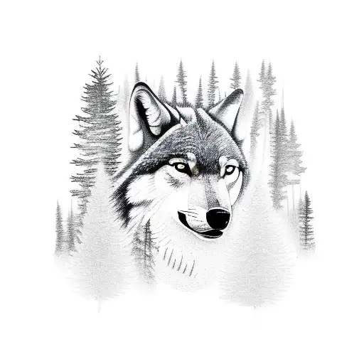 Forest Of Pine With Wolf In Between The Trees In The Dark