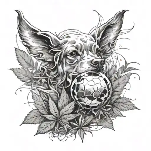 A Sketch Style Tattoo Of A Dog Playing With A Pokeball In A Field Of Cannabis Plants