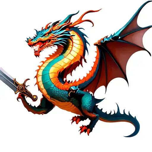 Dragon Flying Upwards Carrying A Sword