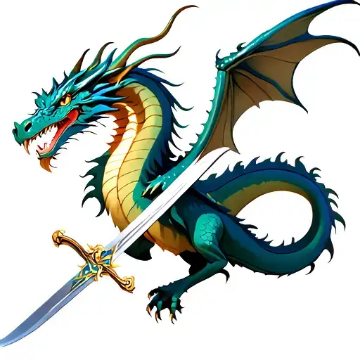 Dragon Flying Upwards Carrying A Sword
