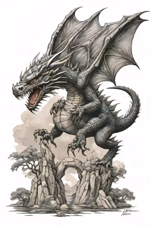 American Dragon Flying With Landscape