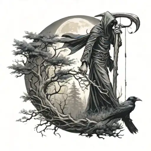 Grim Reaper Holding Scythe Walking In Forest With Ravens And The Moon Is A Time Peice