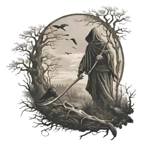 Grim Reaper Holding Farming Scythe Walking In Forest With Ravens