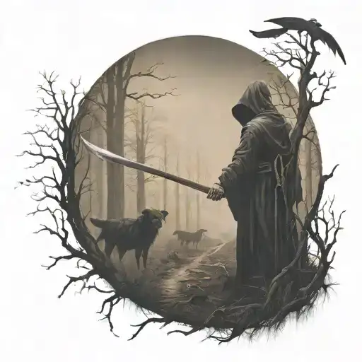 Grim Reaper Facing Forward Holding Farming Scythe Walking In Forest With Ravens