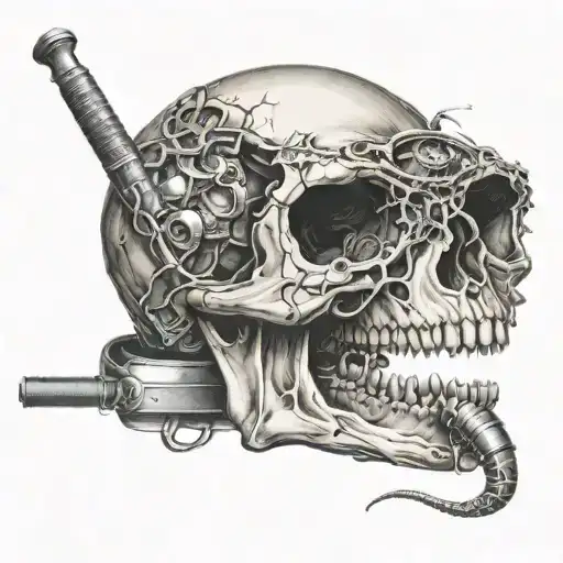 Skull With A Hole In Its Head By A Framing Hammer And Snake Coming Out Of The Eye