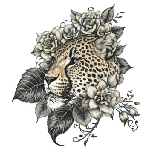 Cheetah Thigh Tattoo With Vines And Camellia Flowers And Lotus Flowers