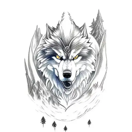 Giant Wolf Fenrir In Forest Of Ravens