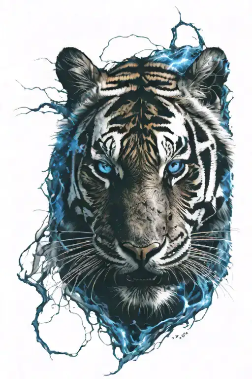 Tiger Head With Blue Lightning In The Background