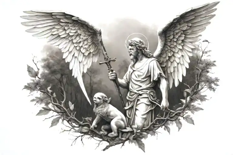 Guardian Angel With Sword In Nature Like Trees With 4 Other Creatures