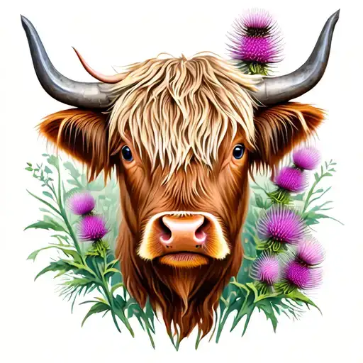 Highland Cow Face With Thistle
