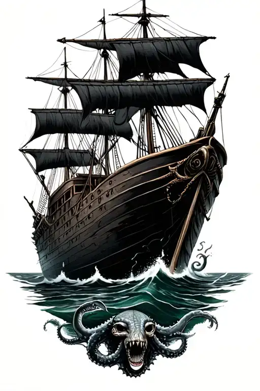 Black Greek Shipwreck Sinking Into The Depths With Kraken