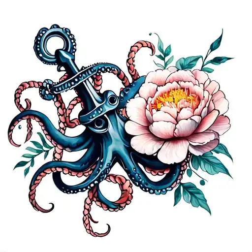 Octopus Anchor Rope And Peony Flower Tattoo For The Arm