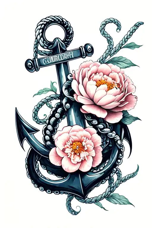 Octopus Anchor Rope And Peony Flower Tattoo For The Arm