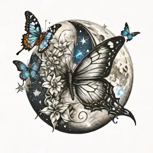 Moon Stars Butterfly And Inscription