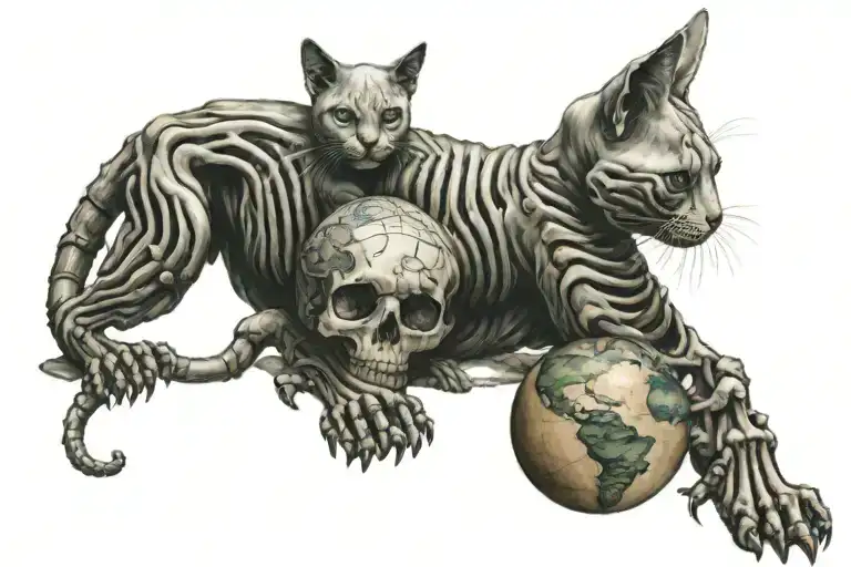 A Skeleton Cat Holding A World