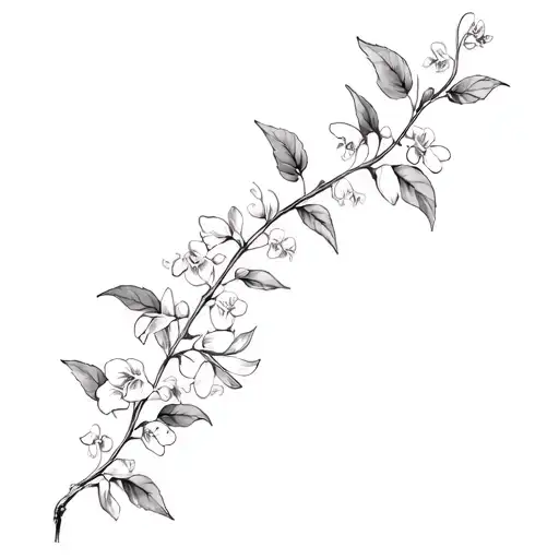 Fine Line Black And White Olive Vine With Small Dainty Sweet Pea Flowers Scattered Throughout